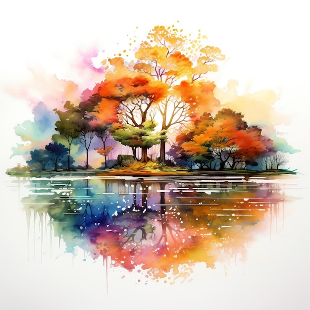 A watercolor painting of a serene lakeside landscape