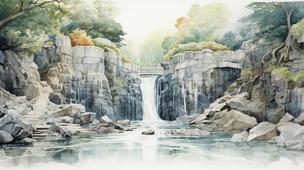 Photo watercolor painting of a serene waterfall in a rocky forest
