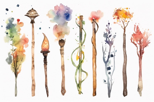 Photo a watercolor painting of a set of candles and a torch.