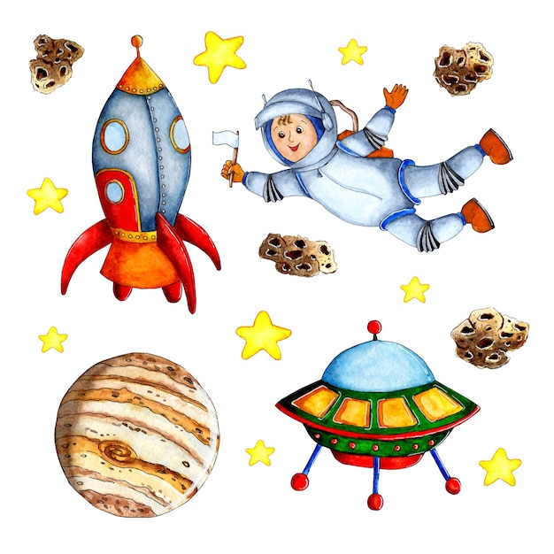 水彩绘画套装的宇宙手绘的背景为孩子卡通火箭行星星星