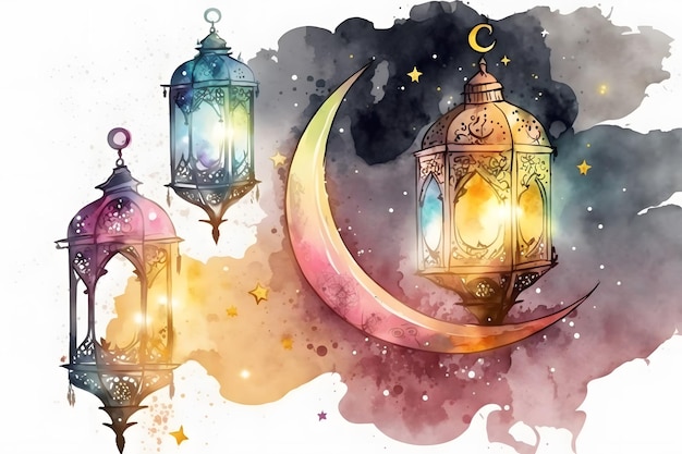 A watercolor painting of a set of lanterns with the moon and the words ramadan.