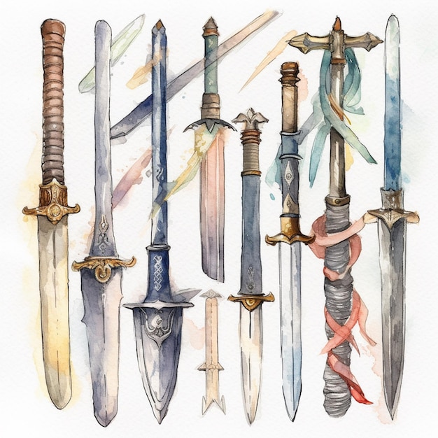 A watercolor painting of a set of swords.