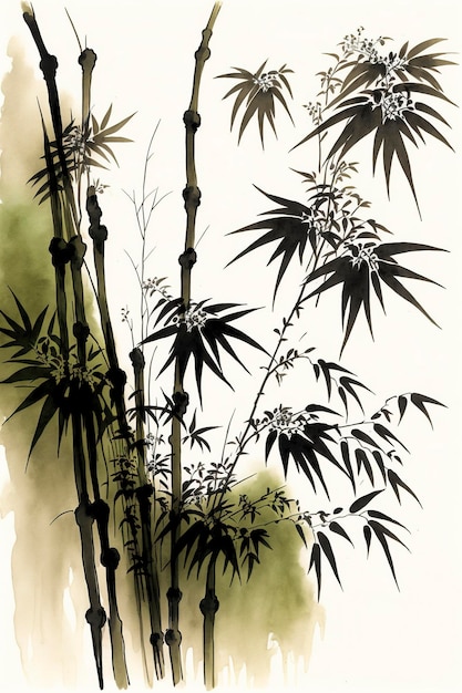 watercolor painting, several bamboo