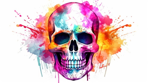 Watercolor painting in shades of colorful of a sugar skull or Mexican catrina Day of the Dead