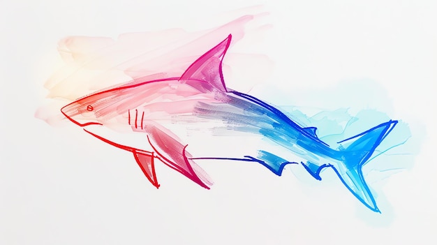 Photo a watercolor painting of a shark the shark is blue and pink it is facing the left of the viewer the shark is in the middle of the image