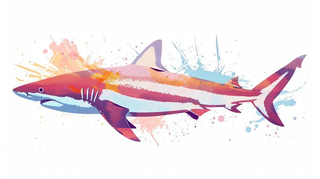 Photo a watercolor painting of a shark the shark is pink and white the background is white with blue and yellow paint splatters