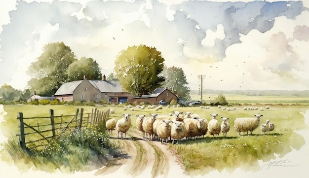 A watercolor painting of sheep in a field