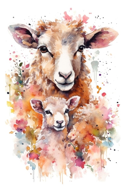 A watercolor painting of a sheep and a lamb.