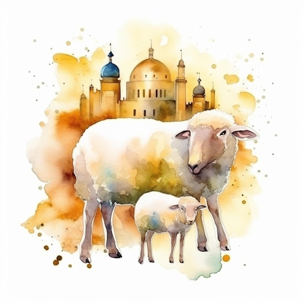 Watercolor painting of a sheep and a lamb