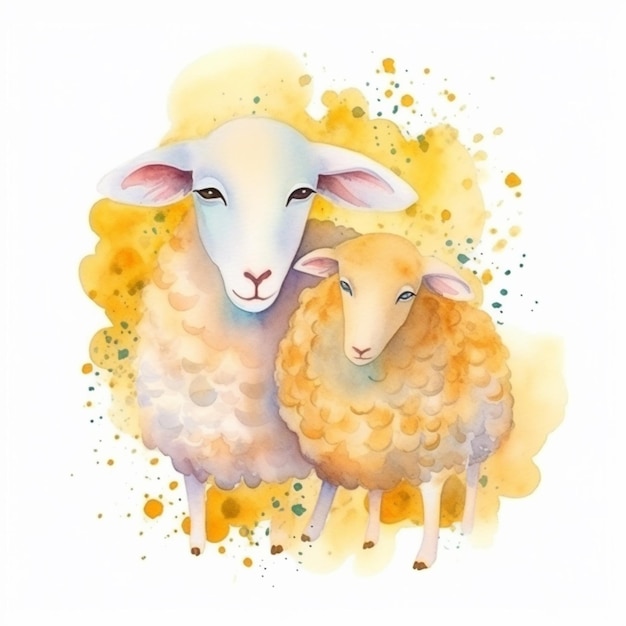 Watercolor painting of a sheep and lamb