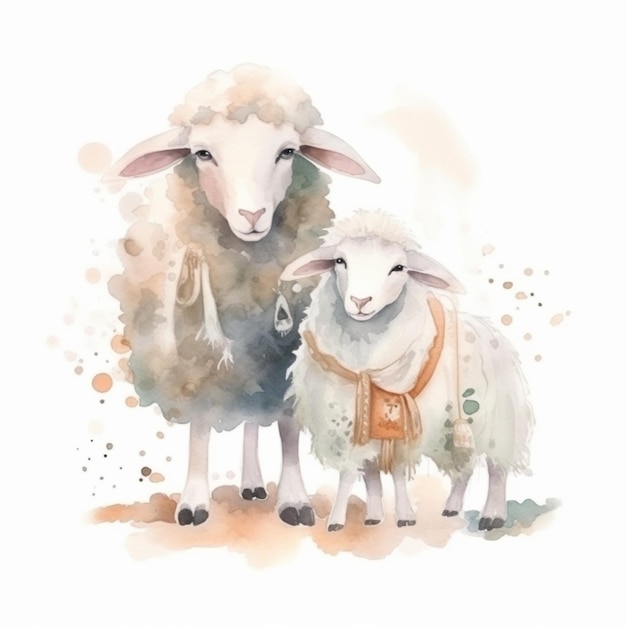 Watercolor painting of a sheep and a lamb