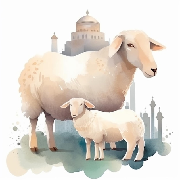 Watercolor painting of a sheep and a lamb