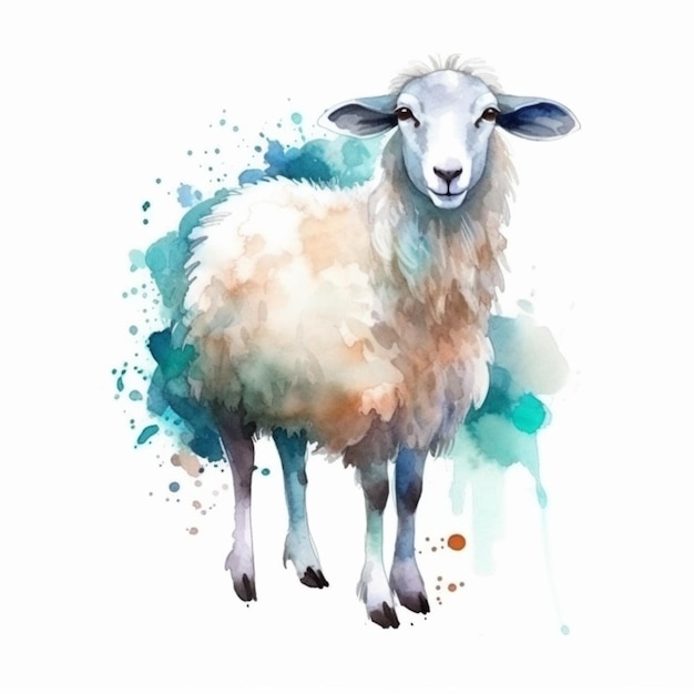 Watercolor painting of a sheep with a blue background and the words sheep.