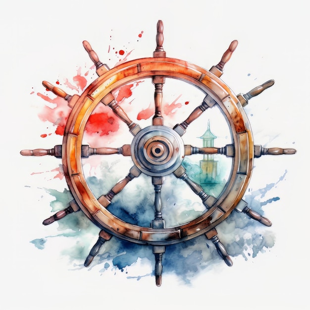 A watercolor painting of a ship's wheel with a lighthouse in the background.