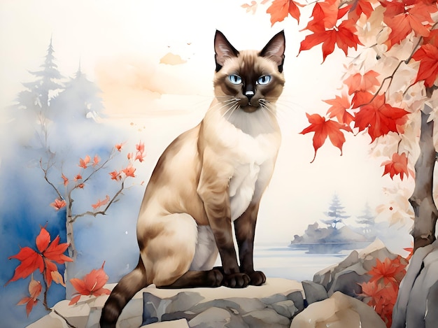 Watercolor painting of a siamese cat with red maple branches