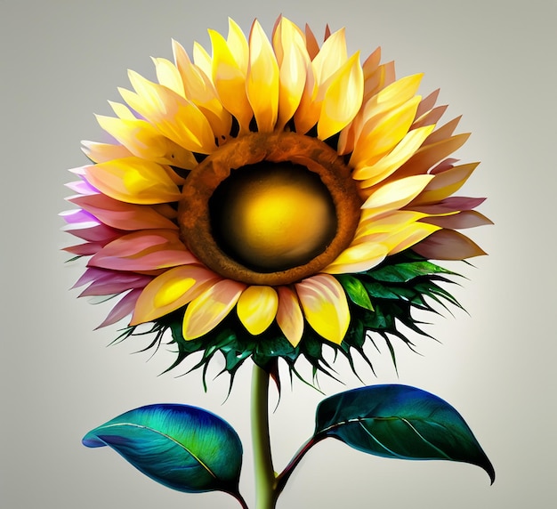 Foto pittura ad acquerello di un singolo girasole disegno realistico su sfondo bianco