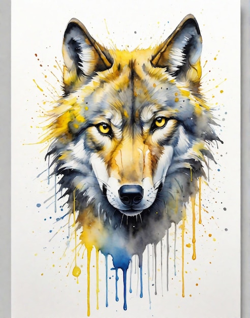 Watercolor painting a single yellow line art a super minimal wolf head high quality 8k ultra hd