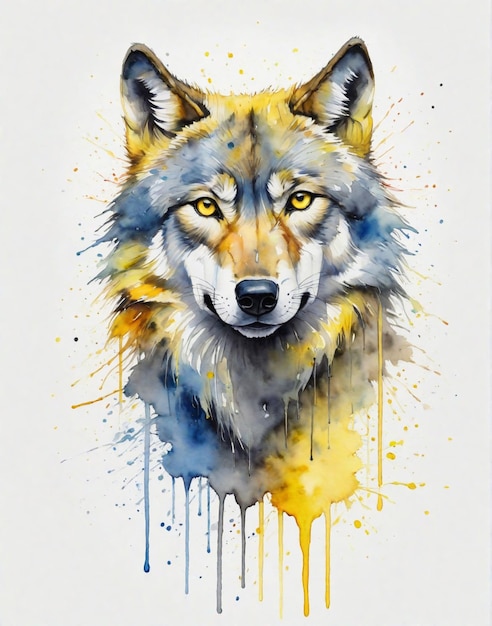 watercolor painting A single yellow line art a super minimal wolf head high quality 8K Ultra HD