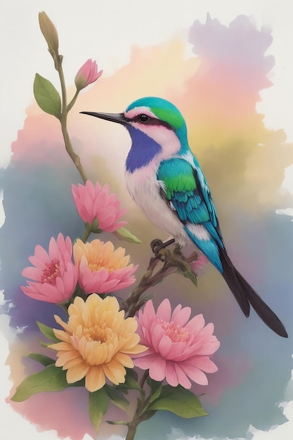Watercolor painting of sitting a beautiful hummingbird on the branch of colorful cosmos flowers tree