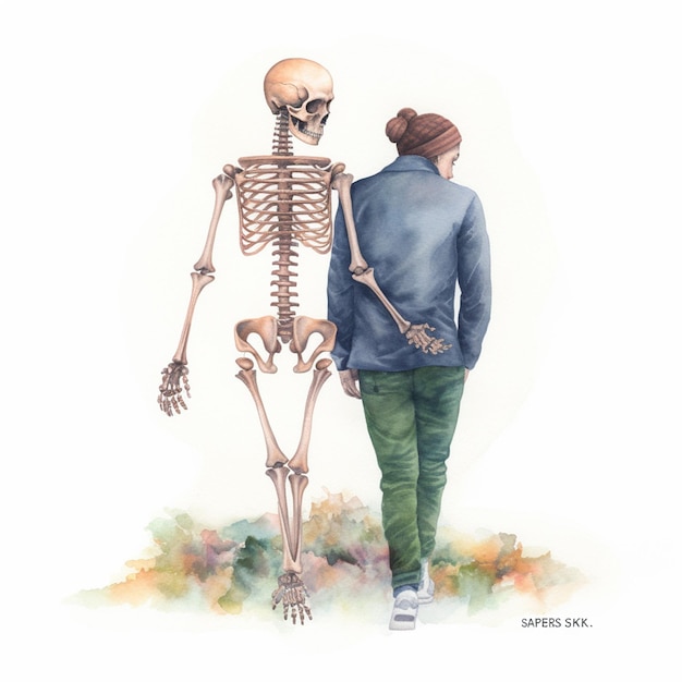 A Watercolor Painting of a Skeleton Figure Walking
