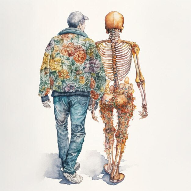 Photo a watercolor painting of a skeleton figure walking