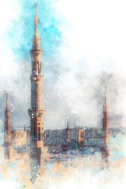 watercolor painting sketch of a green mosque with a green dome prophet mosque in medina saudi arabia