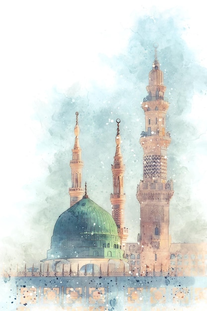 Photo watercolor painting sketch of a green mosque with a green dome prophet mosque in medina saudi arabia