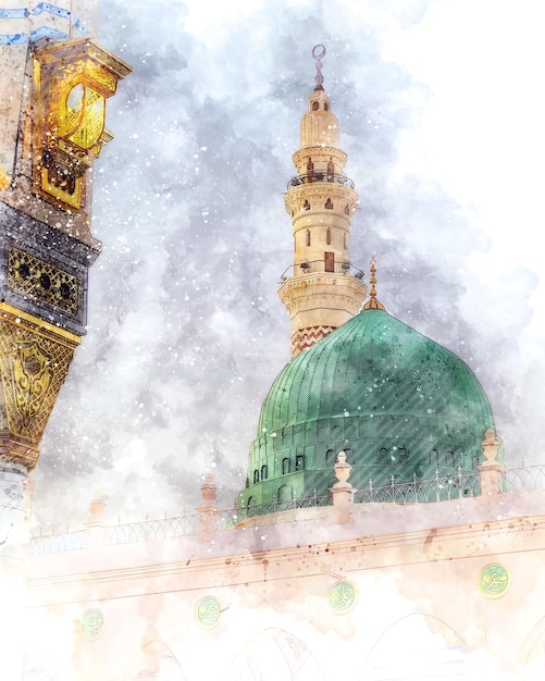 Photo watercolor painting sketch of a green mosque with a green dome prophet mosque in medina saudi arabia