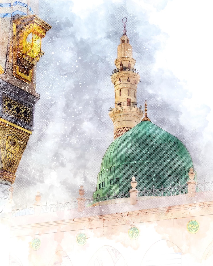 Photo watercolor painting sketch of a green mosque with a green dome prophet mosque in medina saudi arabia