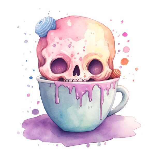 Watercolor painting of a skull in a cup with a pink glaze