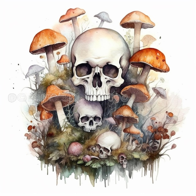 A watercolor painting of a skull and mushrooms