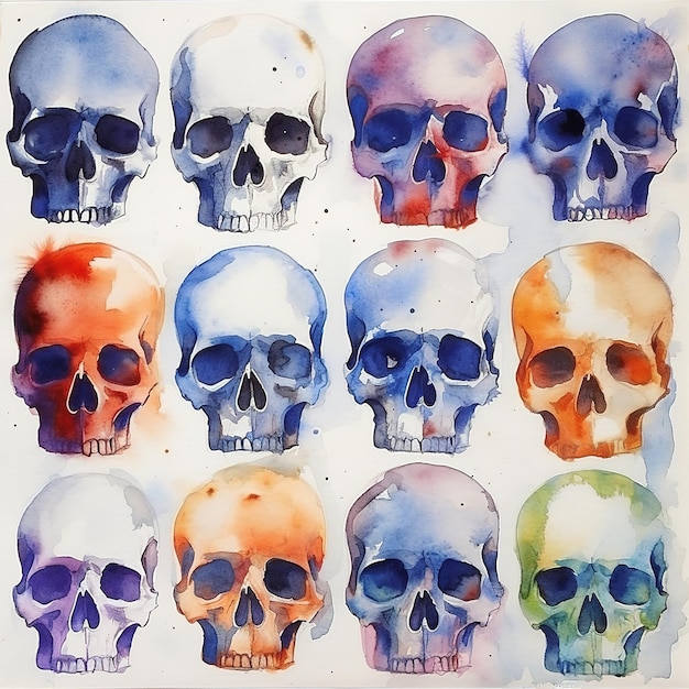 A watercolor painting of skulls with different colors.