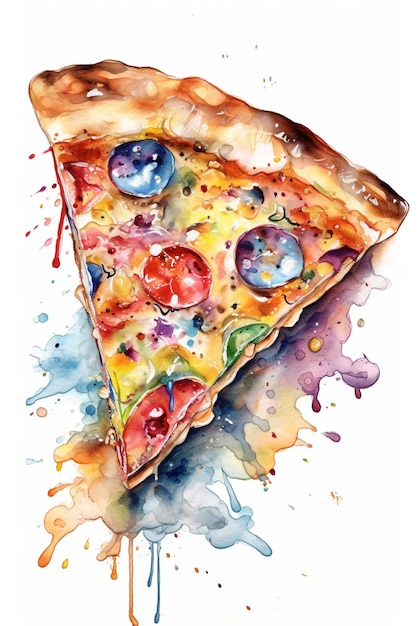 A watercolor painting of a slice of pizza with blueberries and olives.