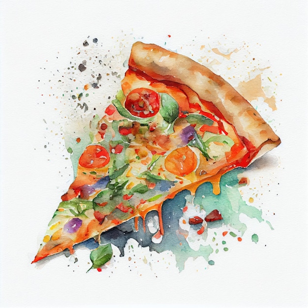 A watercolor painting of a slice of pizza with different toppings.