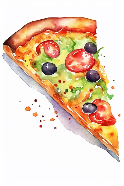 A watercolor painting of a slice of pizza with olives and tomatoes.