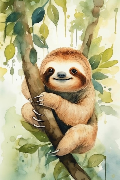 A watercolor painting of a sloth hanging on a tree