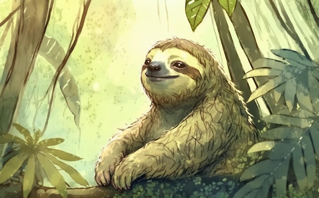 Photo a watercolor painting of a sloth with a big smile on its face. watercolor cartoon style ai generated