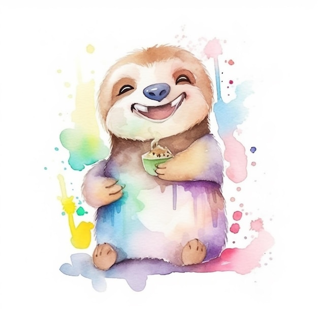 A watercolor painting of a sloth with a cupcake in his hand.