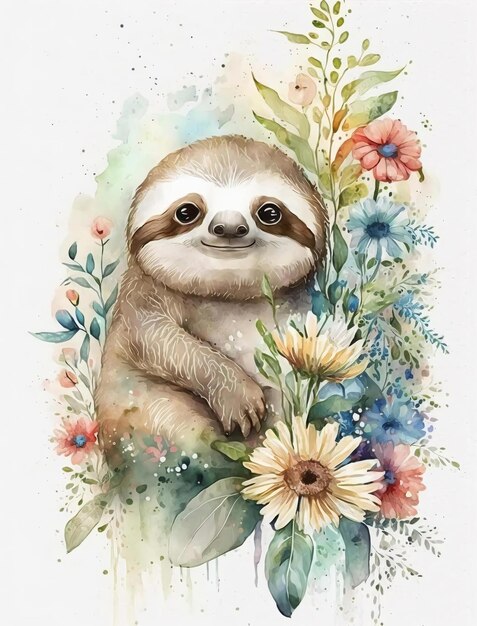 A watercolor painting of a sloth with flowers.