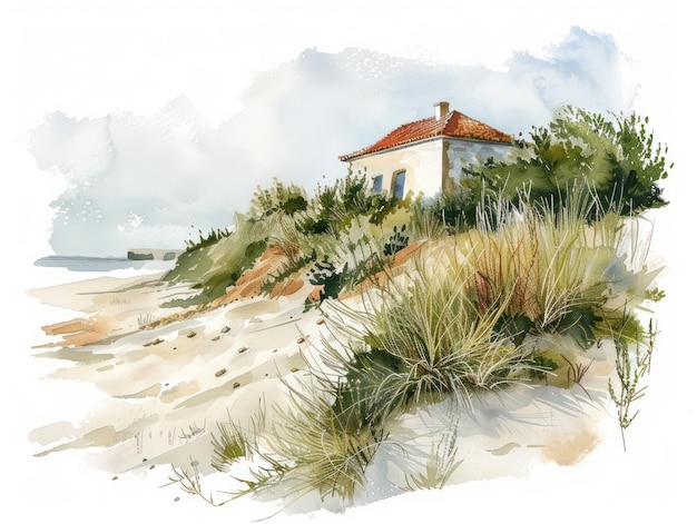 watercolor painting of a small house on a sandy beach with green grass and blue ocean