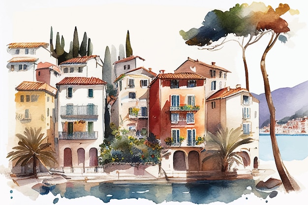 Watercolor painting of a small town by the sea