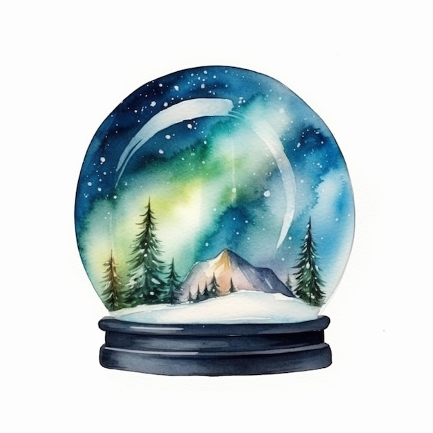 A watercolor painting of a snow globe with a mountain scene in the background.