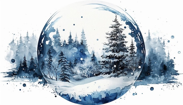 A watercolor painting of a snow globe with a snowy landscape.