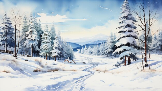 Photo a watercolor painting of snow and trees at winter season