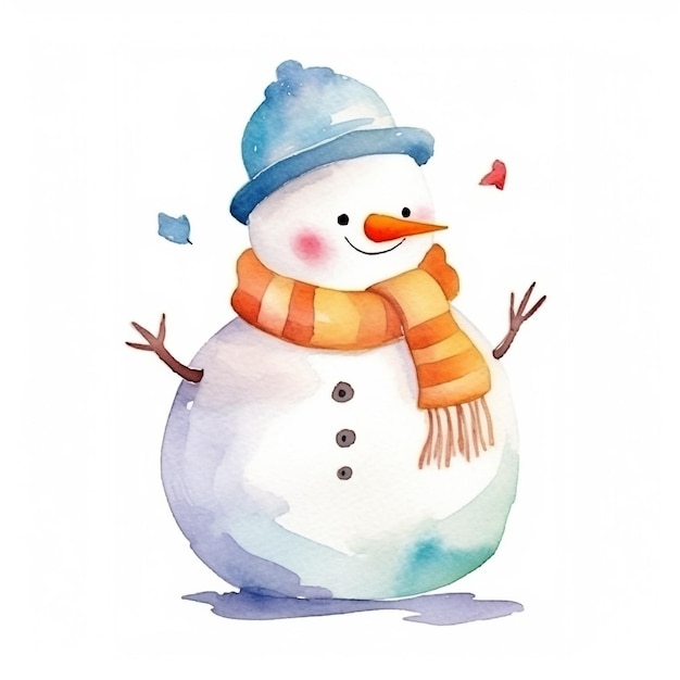 A watercolor painting of a snowman with a blue hat and orange scarf.