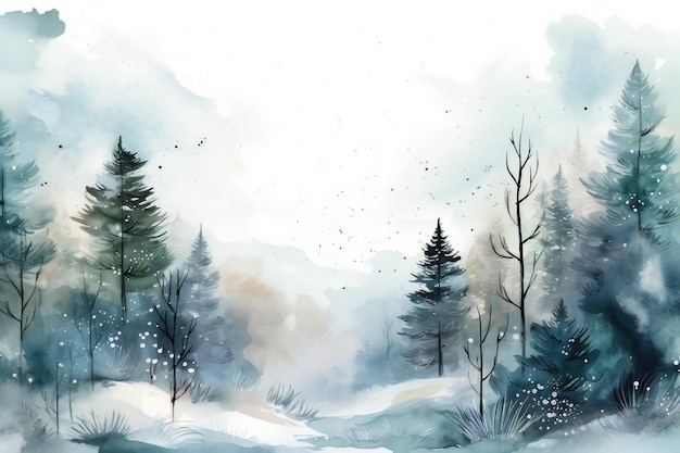Photo watercolor painting of a snowy landscape with trees and snow.