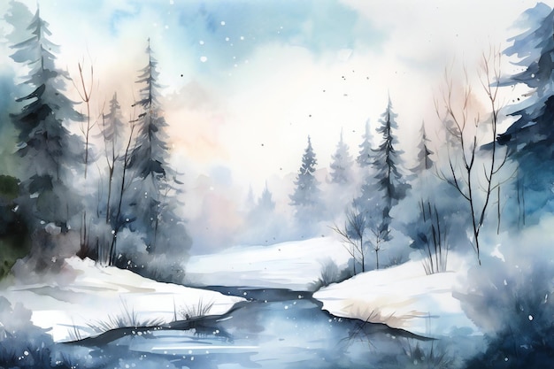 Watercolor painting of a snowy river in winter