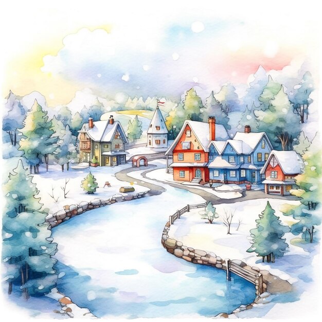 Watercolor painting of a snowy village with a river in the foreground.