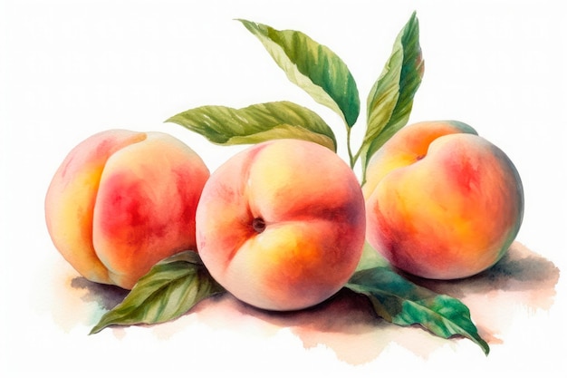 Watercolor painting of some peaches on a white background Generative AI