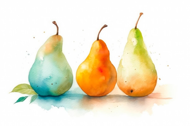 Watercolor painting of some pears on a white background Generative AI